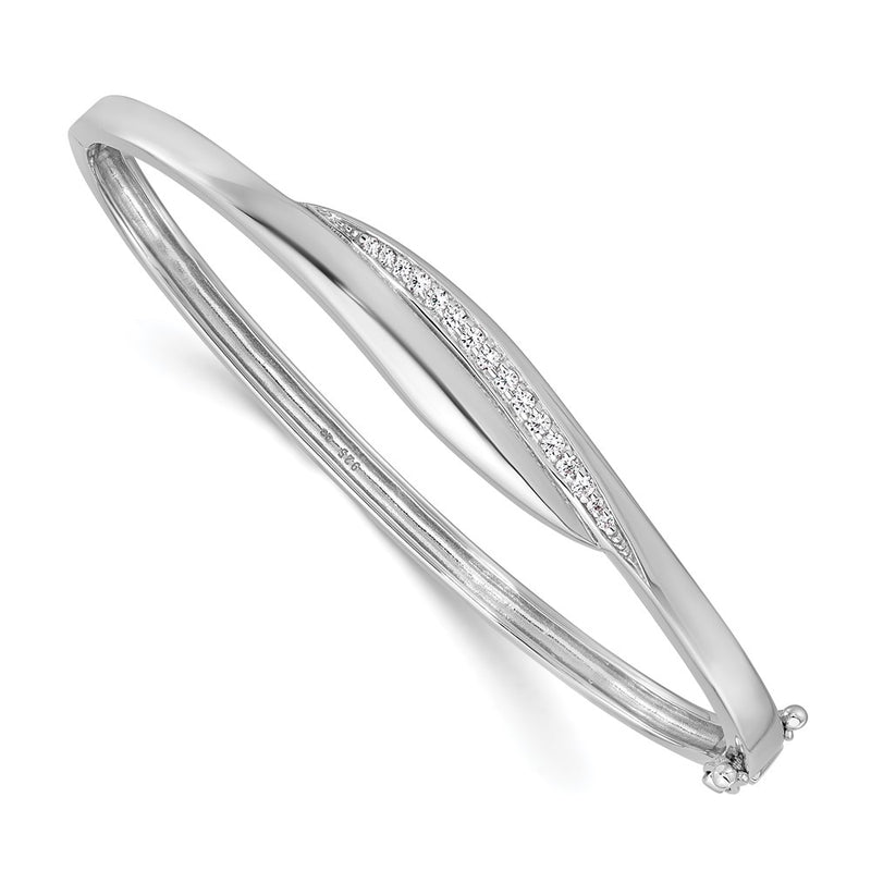 Sterling Silver Rhodium-Plated CZ Polished Hinged Bangle