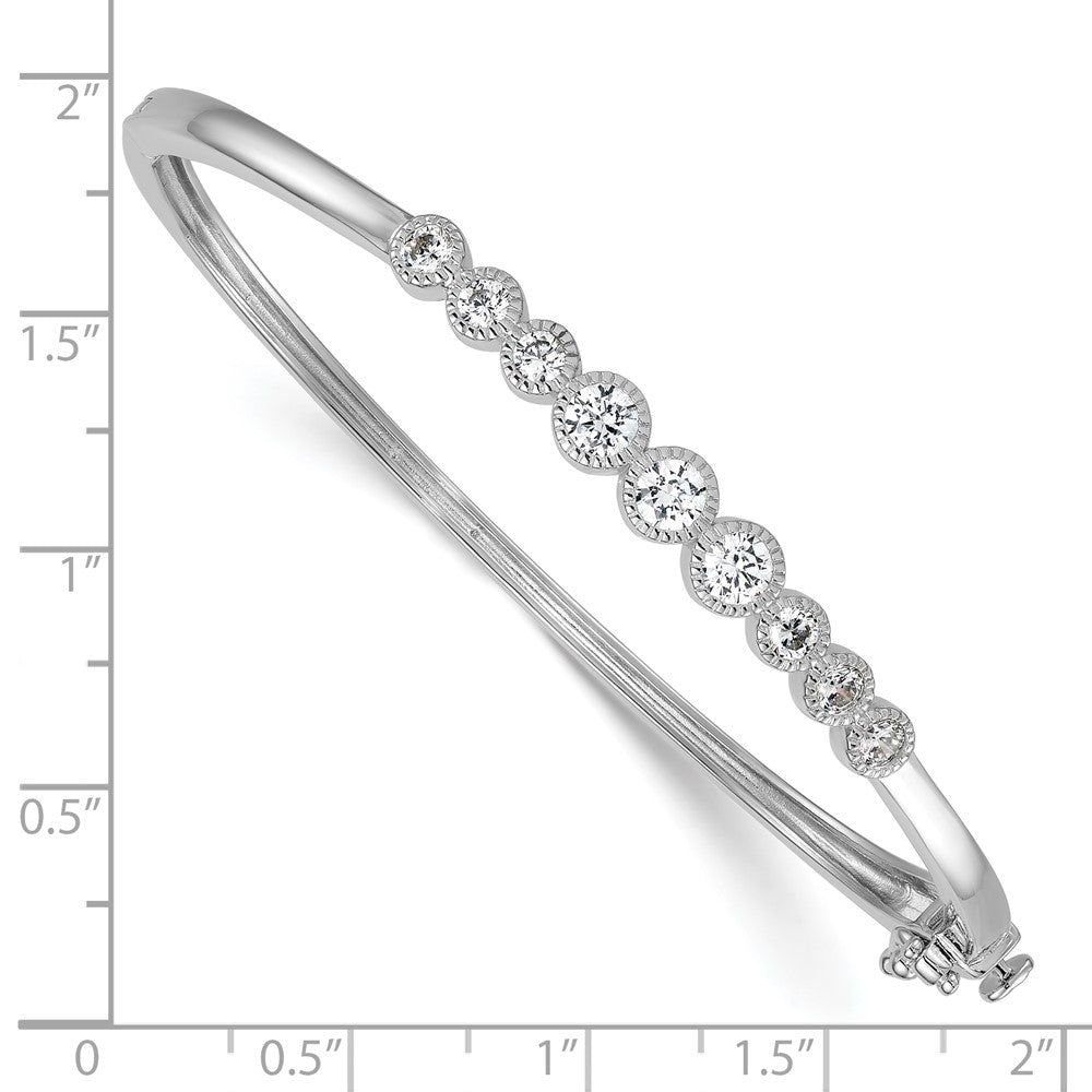 Sterling Silver Rhodium Plated Polished / Textured Graduated CZ Hinged Bangle