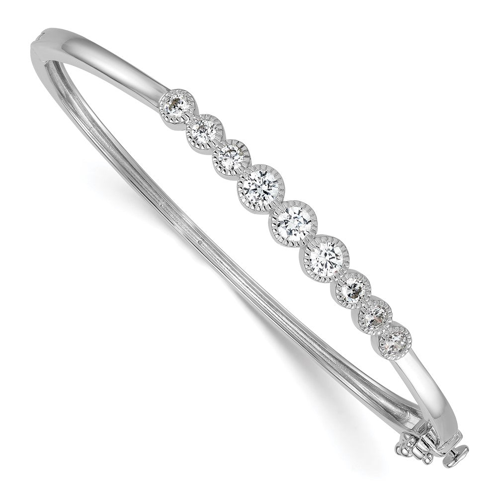 Sterling Silver Rhodium Plated Polished / Textured Graduated CZ Hinged Bangle