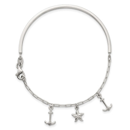 Sterling Silver Polished Anchor and Starfish Bangle Bracelet