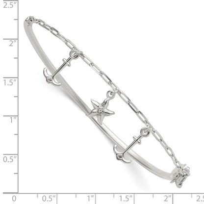 Sterling Silver Polished Anchor and Starfish Bangle Bracelet