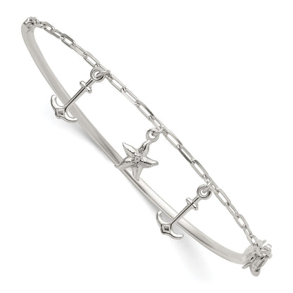 Sterling Silver Polished Anchor and Starfish Bangle Bracelet