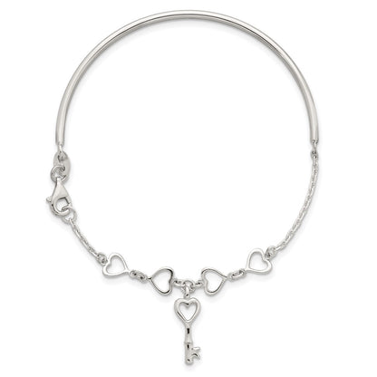 Sterling Silver Polished Heart and Key Bangle Bracelet