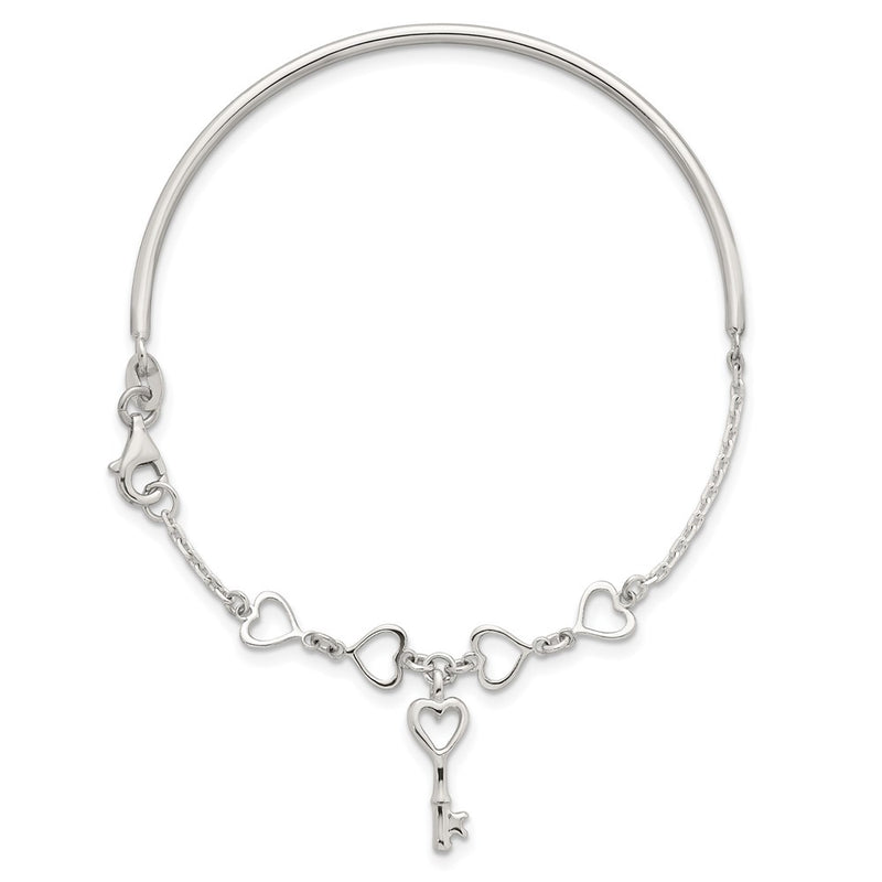 Sterling Silver Polished Heart and Key Bangle Bracelet