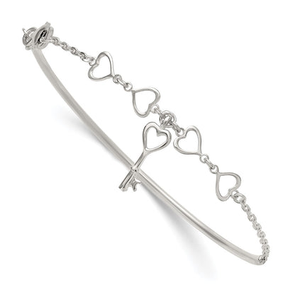 Sterling Silver Polished Heart and Key Bangle Bracelet