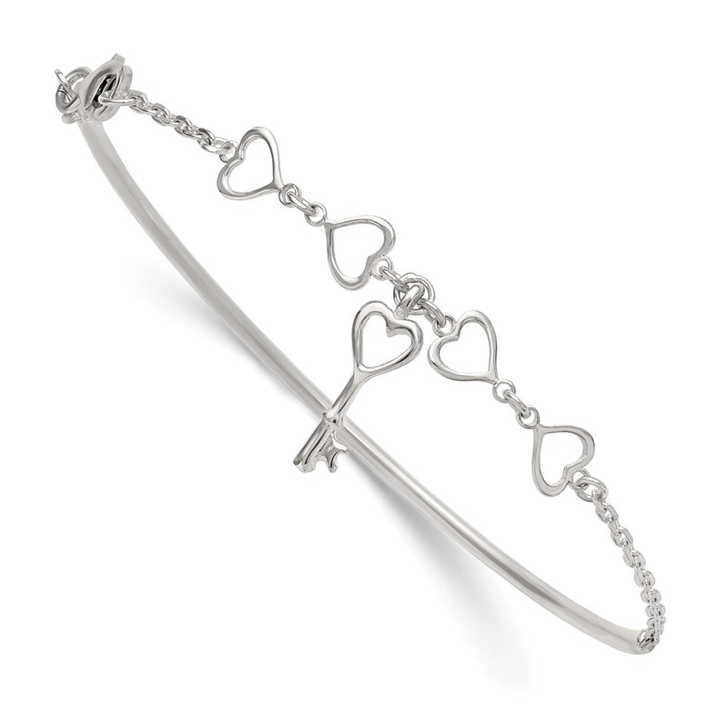 Sterling Silver Polished Heart and Key Bangle Bracelet