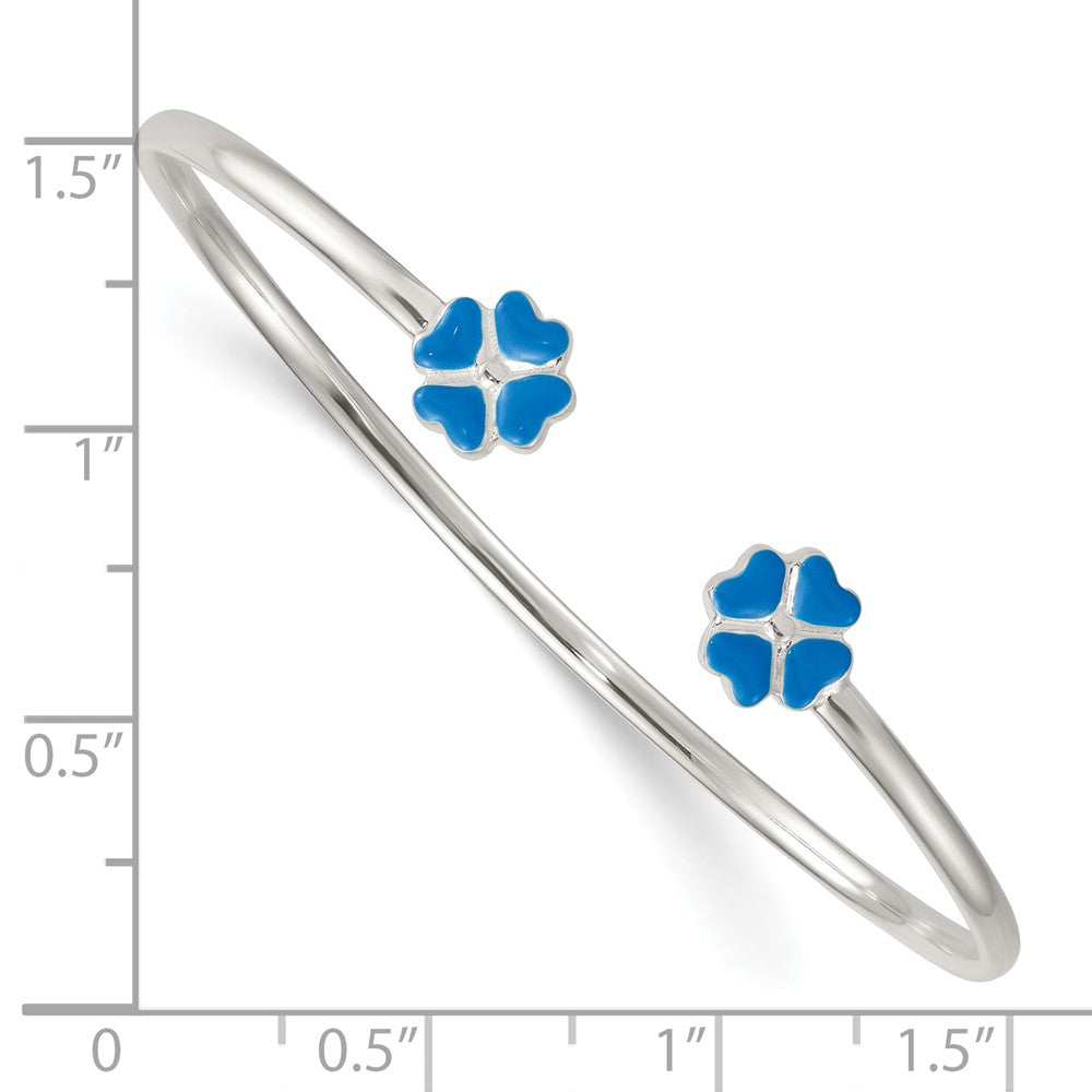 Sterling Silver Polished Enameled Blue Clover Children's Cuff Bangle