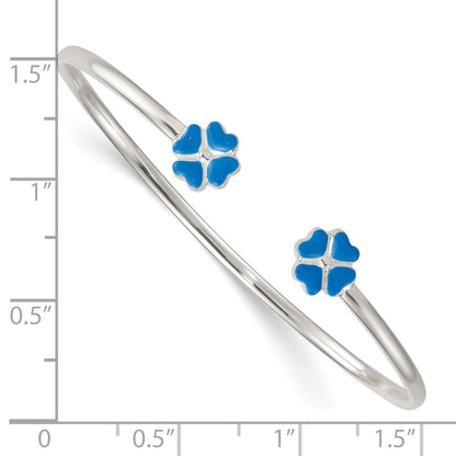 Sterling Silver Polished Enameled Blue Clover Children's Cuff Bangle