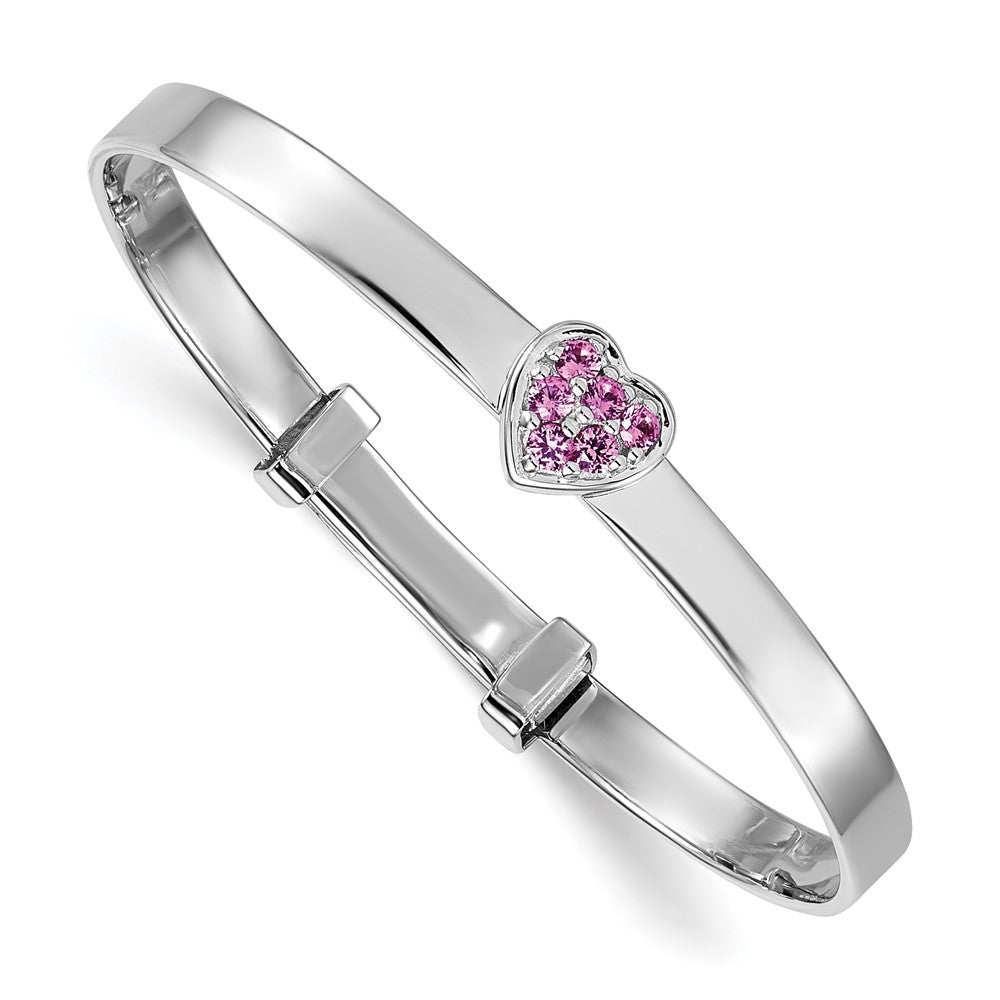 Sterling Silver Rhodium Plated Pink CZ Heart Children's Expandable Bangle