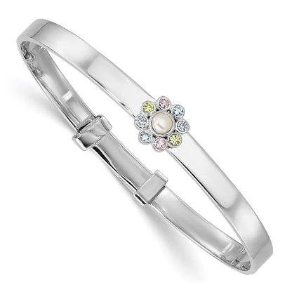 Sterling Silver Rh-Pl CZ & Fwc Pearl Children's Expandable Bangle