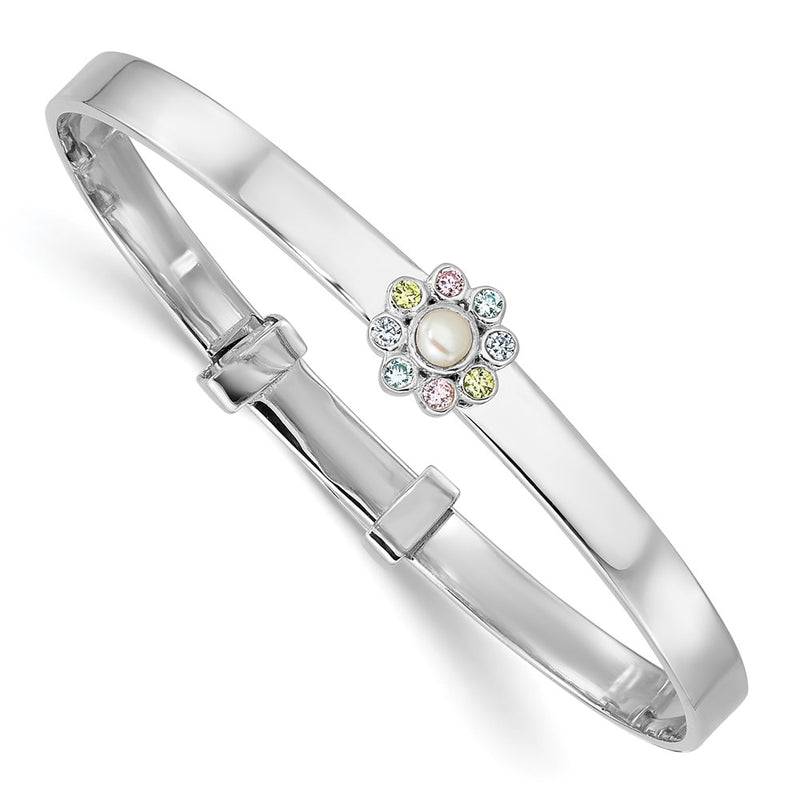 Sterling Silver Rh-Pl CZ & Fwc Pearl Children's Expandable Bangle