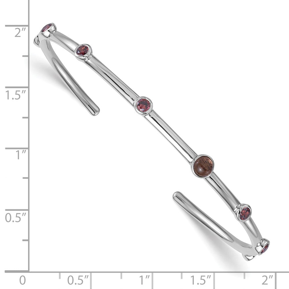 Sterling Silver Polished Rhodium-Plated CZ Smokey Quartz Cuff Bangle