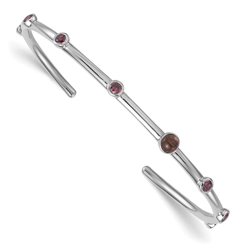 Sterling Silver Polished Rhodium-Plated CZ Smokey Quartz Cuff Bangle