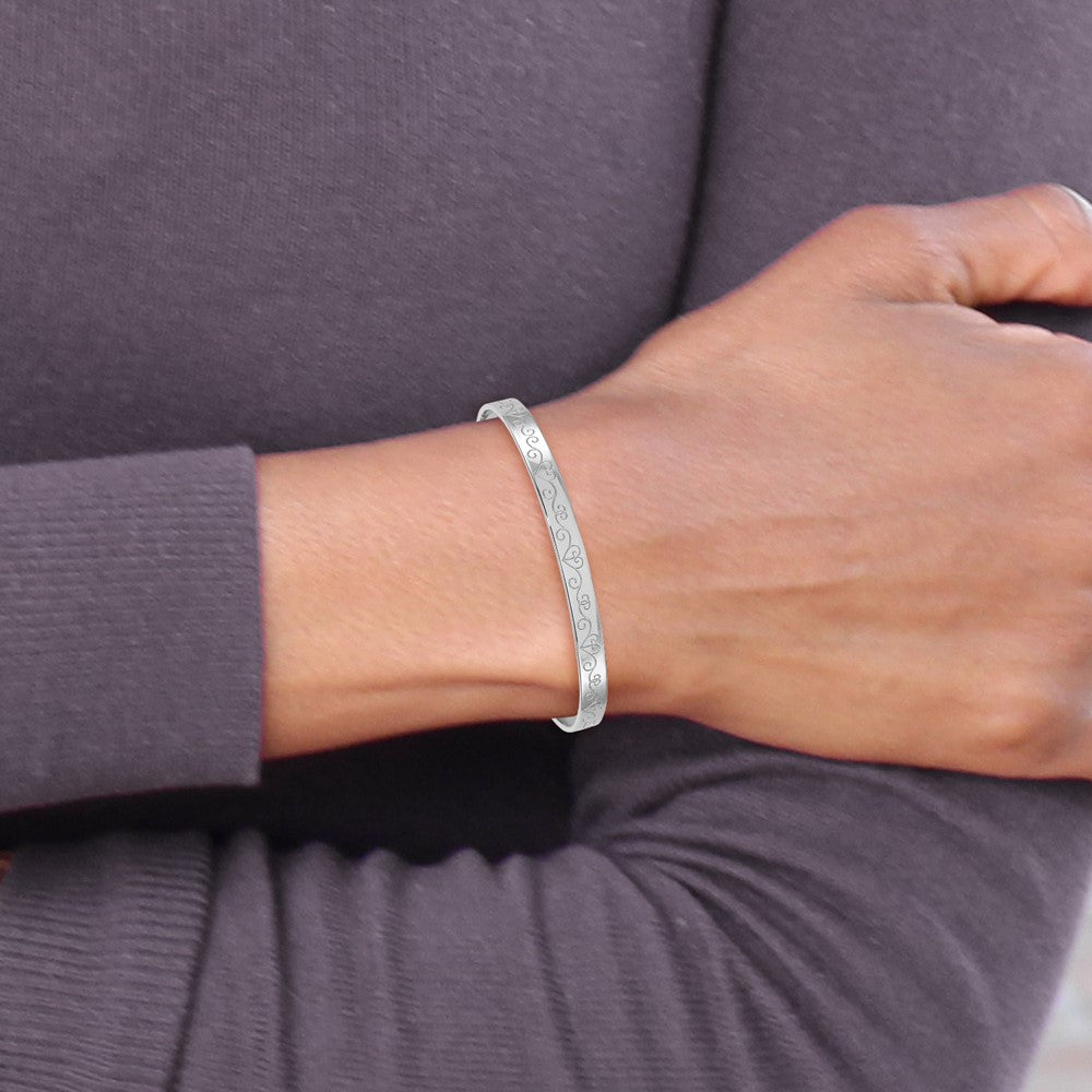 Sterling Silver Rhodium Plated Heart Pattern Children's Expandable Bangle