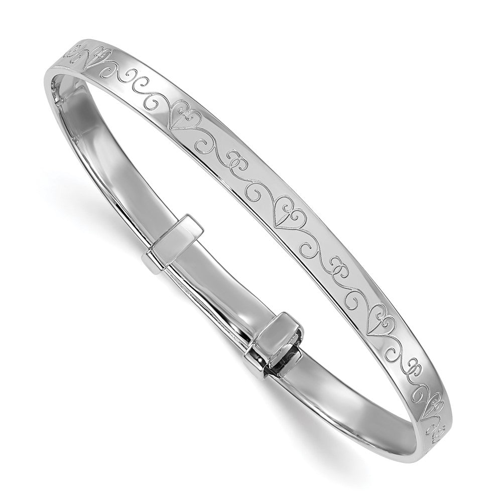 Sterling Silver Rhodium Plated Heart Pattern Children's Expandable Bangle