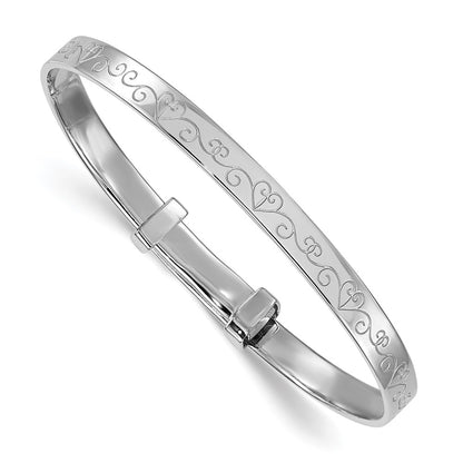 Sterling Silver Rhodium Plated Heart Pattern Children's Expandable Bangle