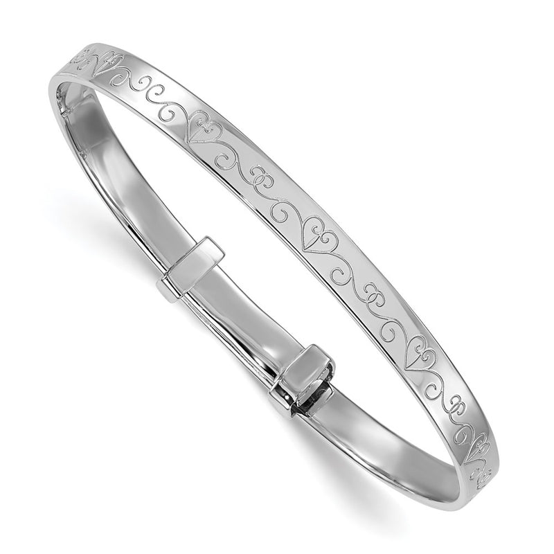 Sterling Silver Rhodium Plated Heart Pattern Children's Expandable Bangle