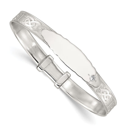 Sterling Silver Polish CZ Claddagh Slip on Children's Id Expandable Bangle