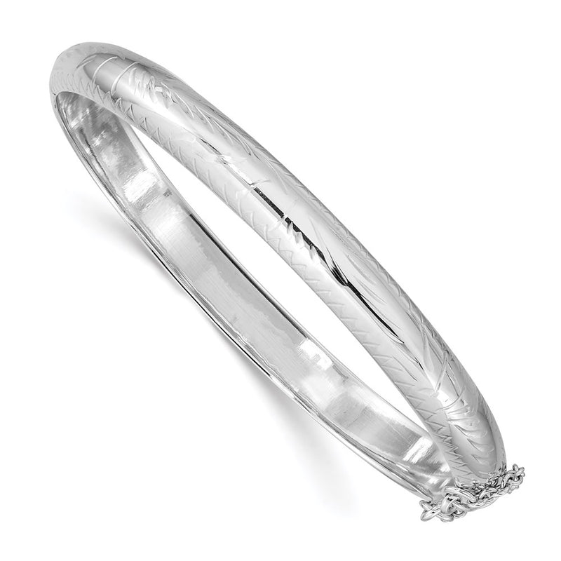 7.5 Inch Sterling Silver Rhodium-Plated 7mm Fancy Hinged Bangle Bracelet