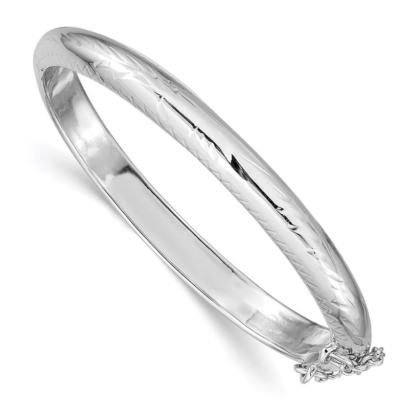 Sterling Silver Rhodium-Plated Polished & Diamond-Cut 5mm With Safety Clasp Hinged Children'S Bangle