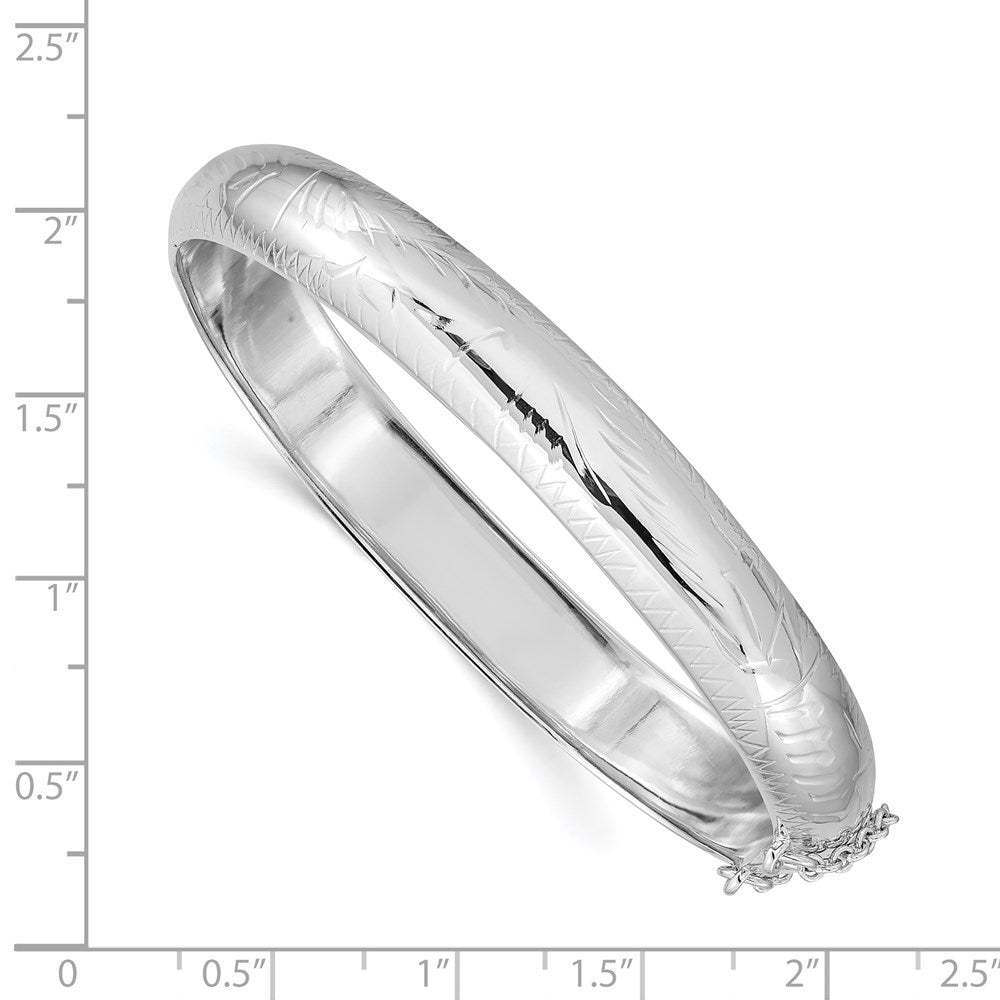 Sterling Silver Rhodium-Plated 9.5mm D/C Fancy Hinged Bangle Bracelet