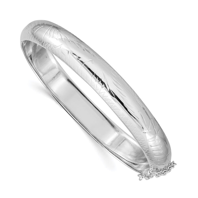 Sterling Silver Rhodium-Plated 9.5mm D/C Fancy Hinged Bangle Bracelet