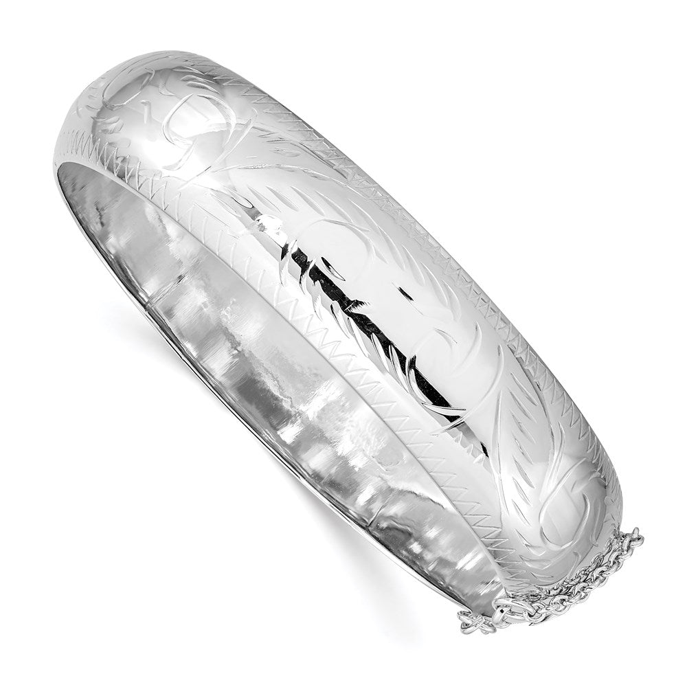 Sterling Silver Rhodium-Plated D/C 15mm Fancy Hinged Bangle Bracelet