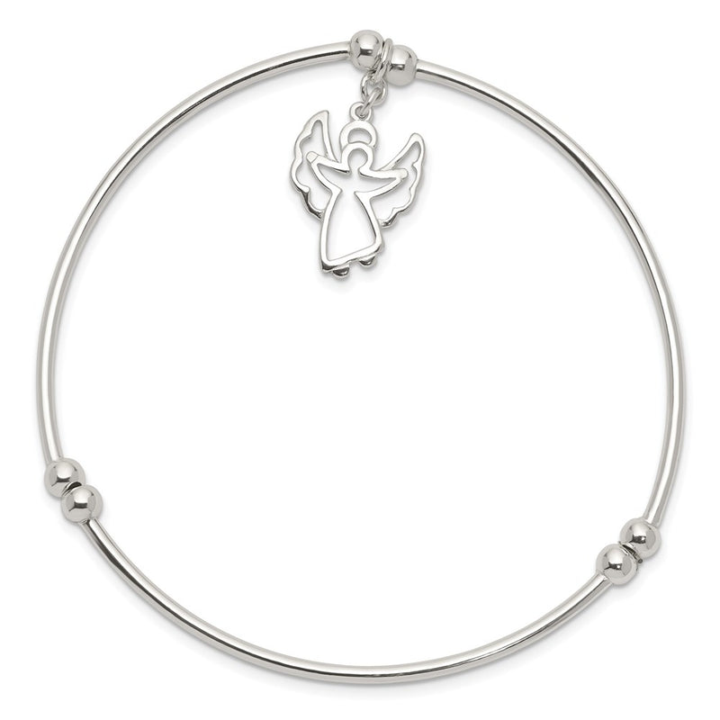 7 Inch Sterling Silver Rhodium-Plated Bead W/Angel Stretch Bangle Bracelet