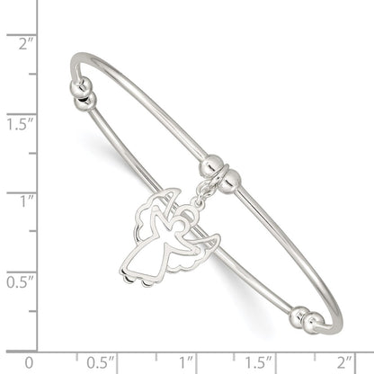 7 Inch Sterling Silver Rhodium-Plated Bead W/Angel Stretch Bangle Bracelet