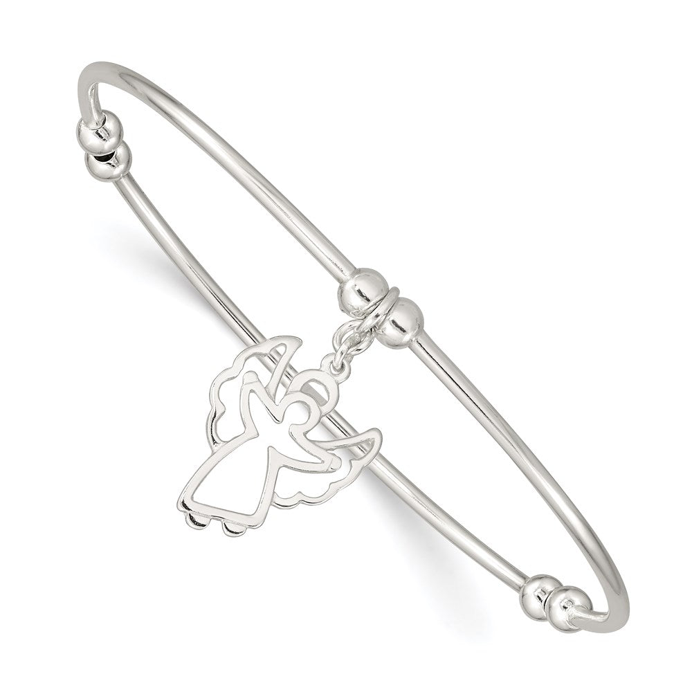 7 Inch Sterling Silver Rhodium-Plated Bead W/Angel Stretch Bangle Bracelet