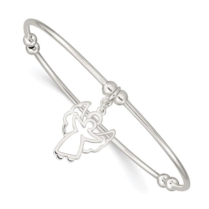 7 Inch Sterling Silver Rhodium-Plated Bead W/Angel Stretch Bangle Bracelet