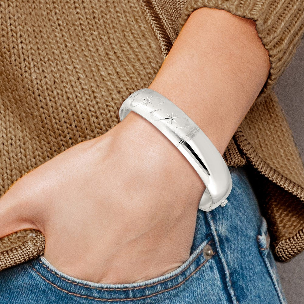 Sterling Silver Polished D/C And Textured Adjustable Bangle