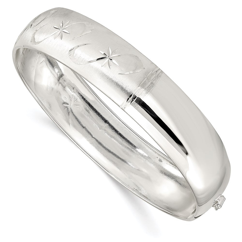 Sterling Silver Polished D/C And Textured Adjustable Bangle