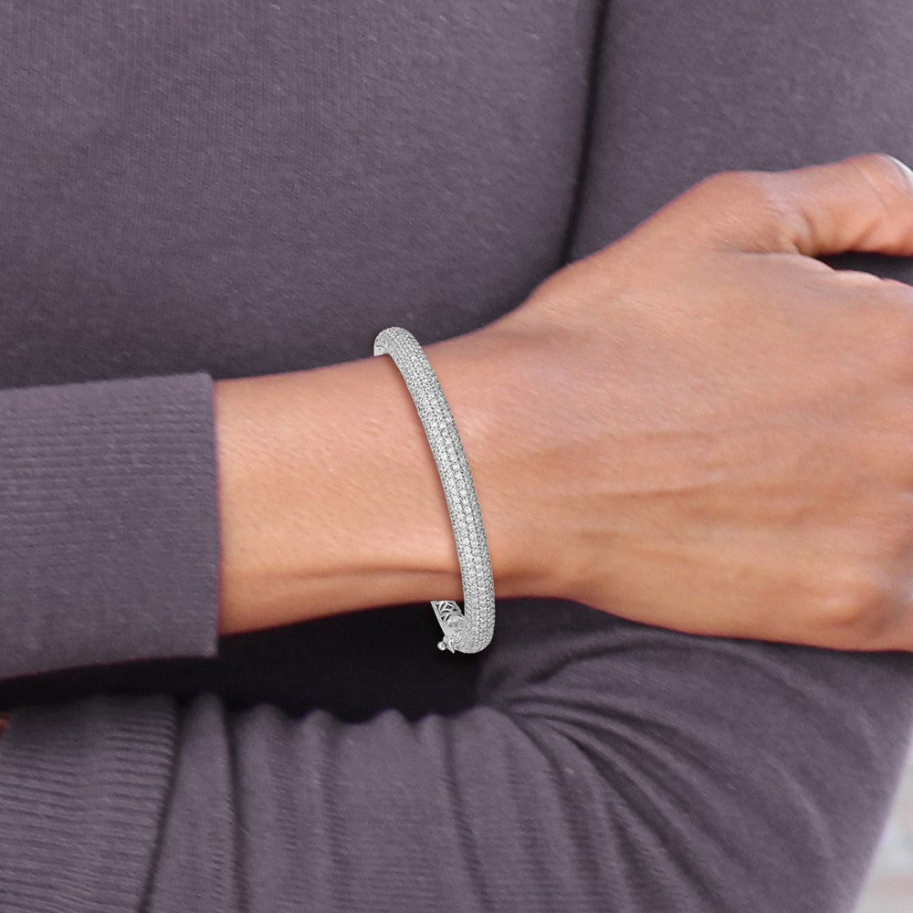 Sterling Silver Shimmer Rhodium-Plated 303 Stone Cz Pav Hinged Bangle