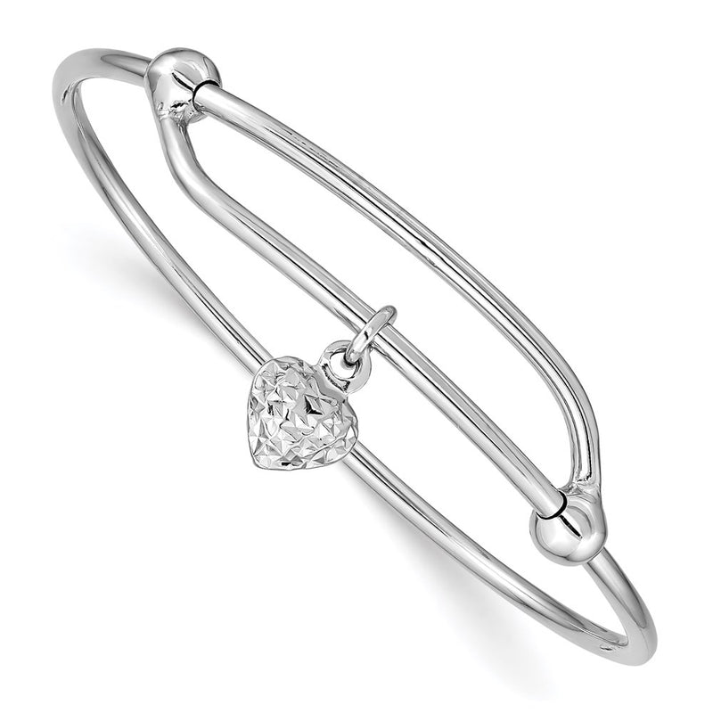Sterling Silver Rh-Plated Polished & D/C Heart Adjustable Baby Bangle