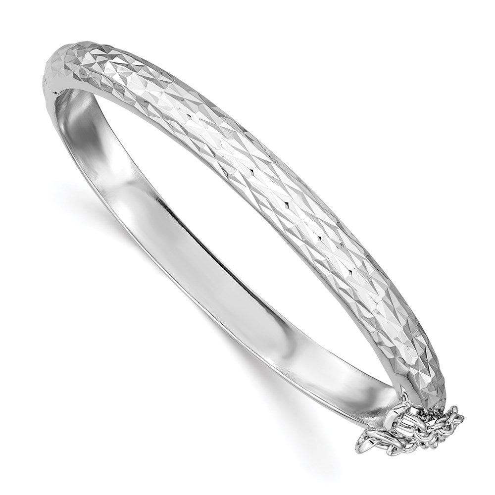 Sterling Silver Rhodium Plated Polished & D/c 5.5mm W/ Safety Hinged Children's Bangle