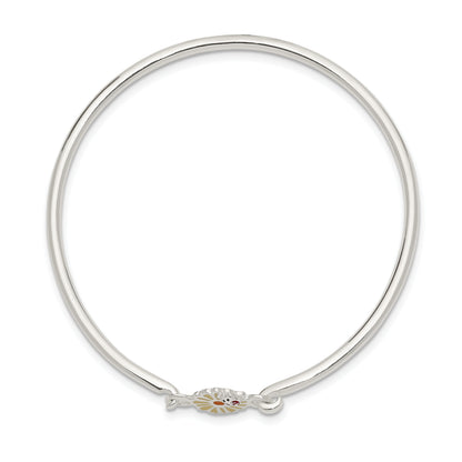 Sterling Silver Enameled Flower & Ladybug Children'S Bangle Bracelet
