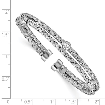 Sterling Silver Polished Rhodium-Plated Double Strand Cz Cuff Bangle