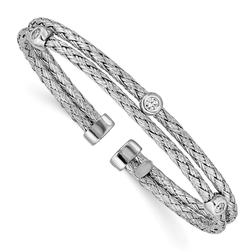 Sterling Silver Polished Rhodium-Plated Double Strand Cz Cuff Bangle