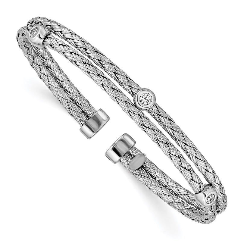 Sterling Silver Polished Rhodium-Plated Double Strand Cz Cuff Bangle