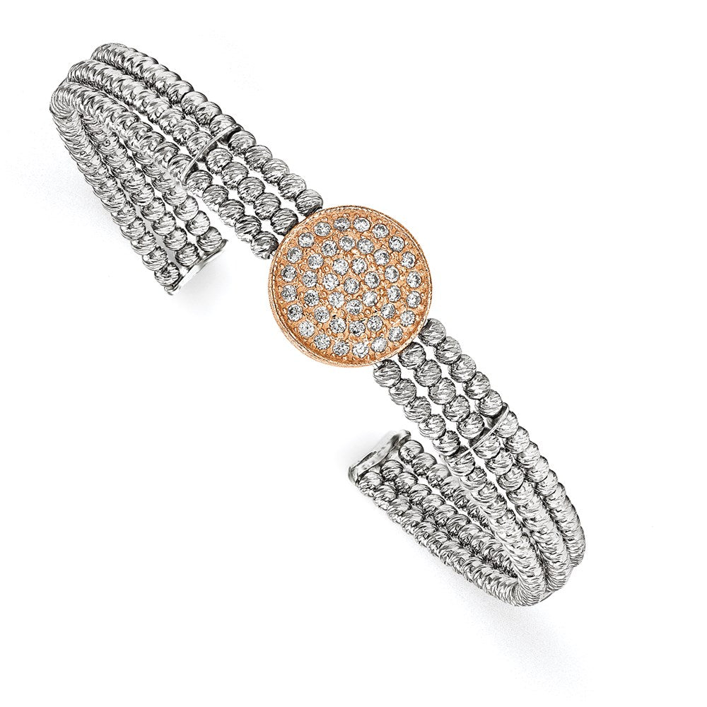 Sterling Silver Rose, Rhodium-Plated 3-Strand Beaded Swarovski Crystal Cuff