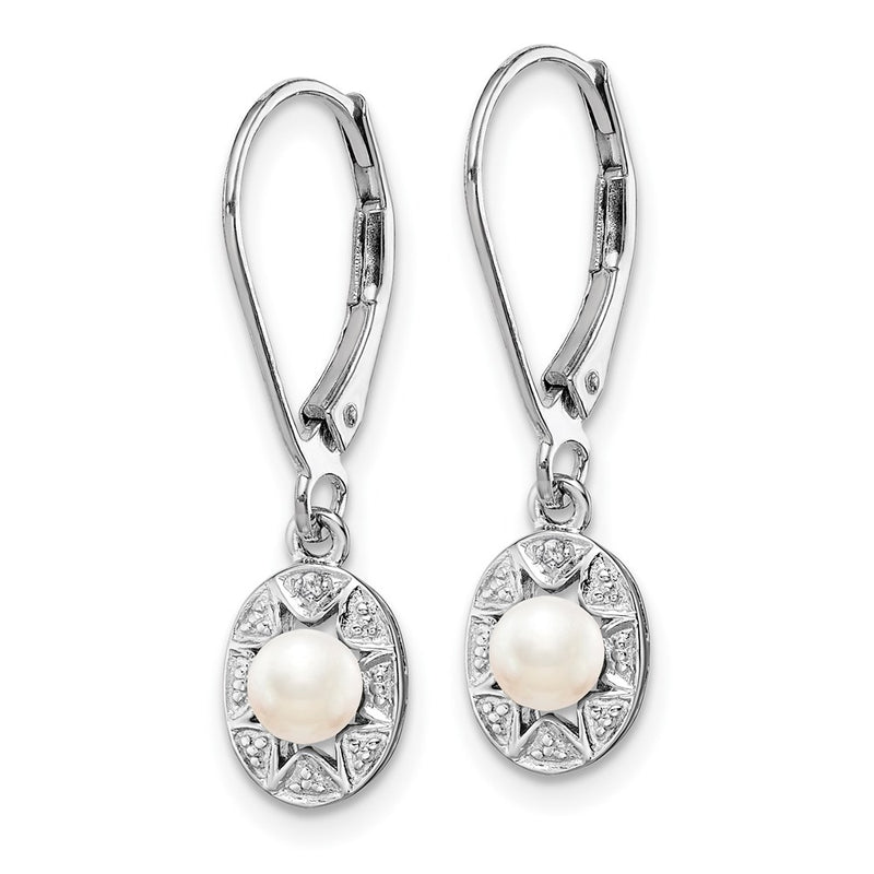 Sterling Silver Rhodium-Plated Diam. & Fw Cultured Pearl Earrings