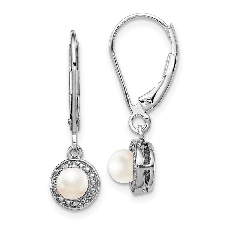 Sterling Silver Rhodium-Plated Diam. & Fw Cultured Pearl Earrings