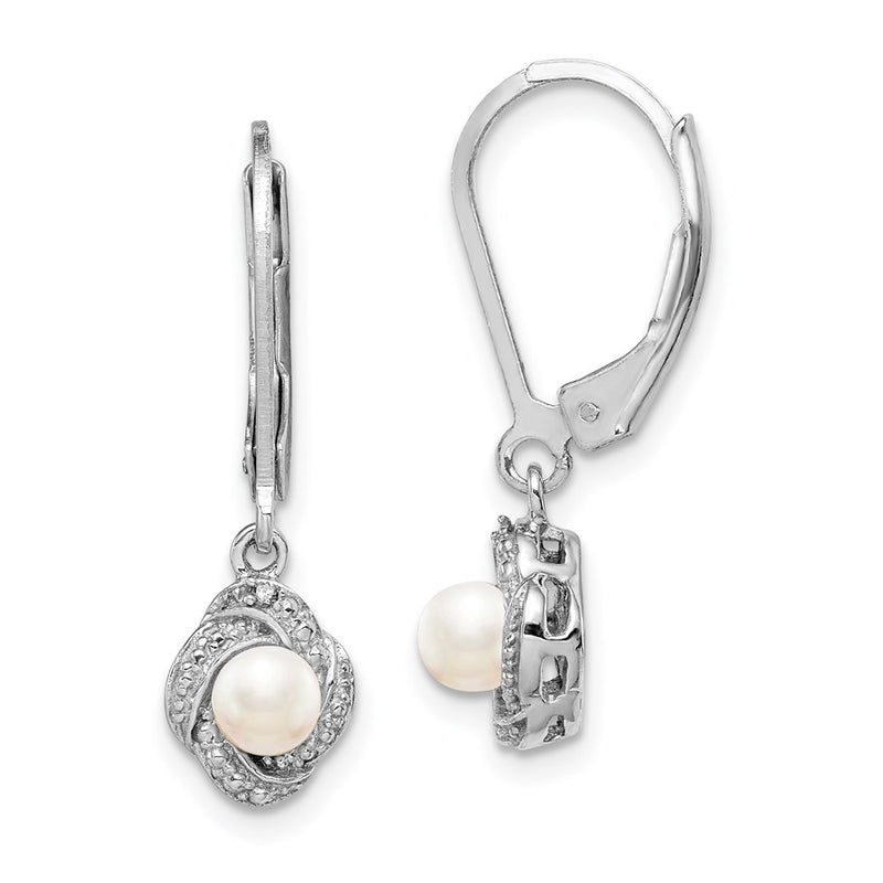 Sterling Silver Rhodium-Plated Diam. & Fw Cultured Pearl Earrings