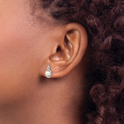 Sterling Silver Rhodium-Plated Fw Cultured Pearl & Diam. Earrings