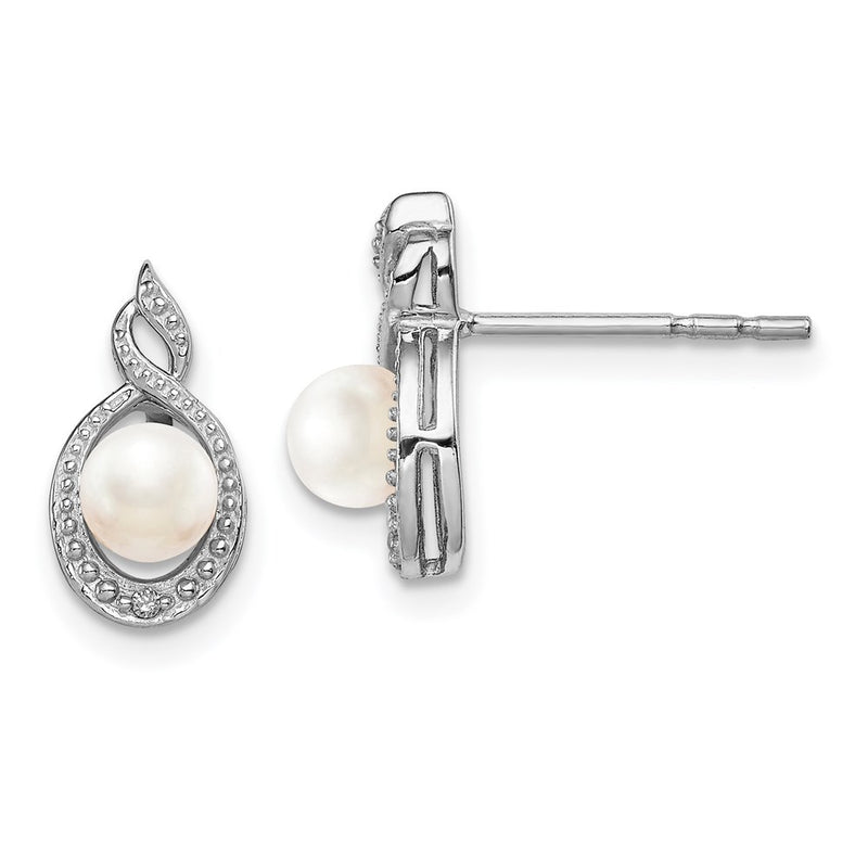 Sterling Silver Rhodium-Plated Fw Cultured Pearl & Diam. Earrings