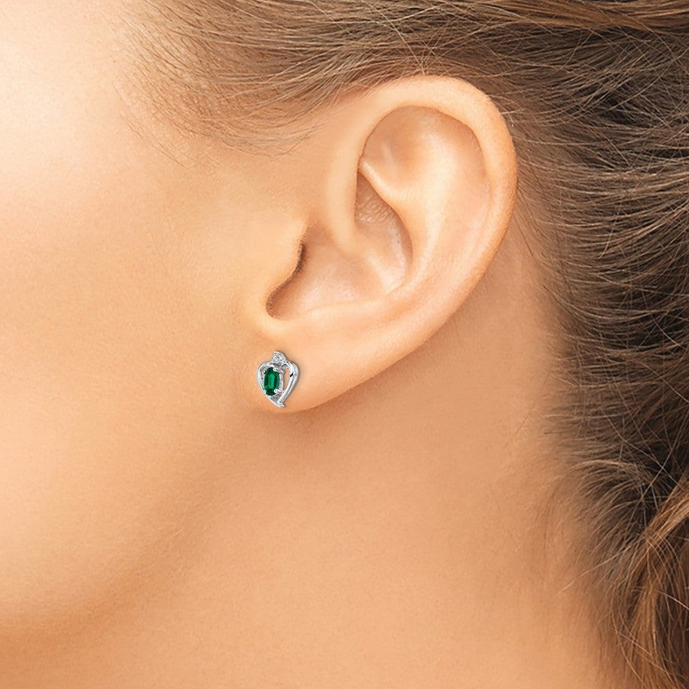 Sterling Silver Rhodium-Plated Created Emerald & Diam. Earrings