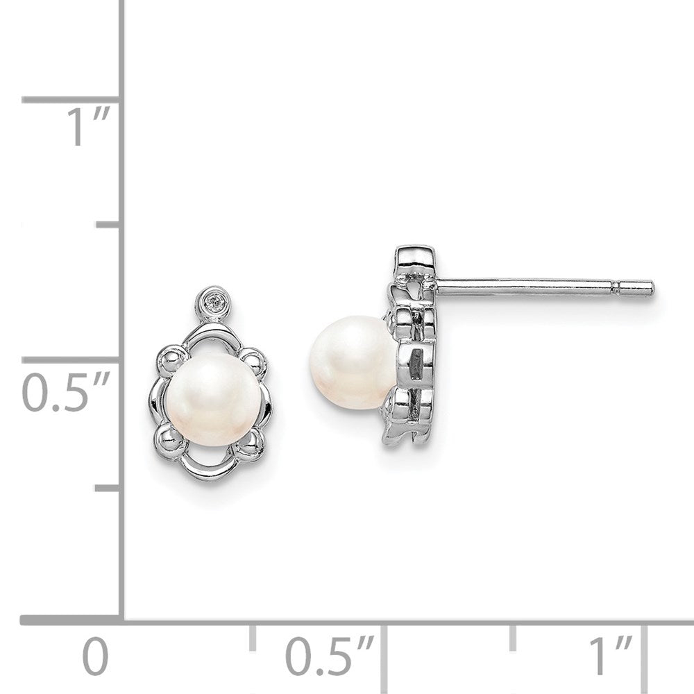 Sterling Silver Rhodium-Plated Fw Cultured Pearl & Diam. Earrings