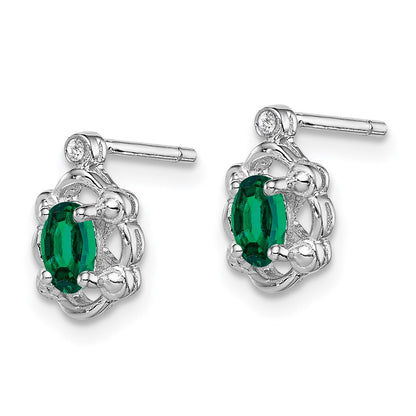 Sterling Silver Rhodium-Plated Created Emerald & Diam. Earrings