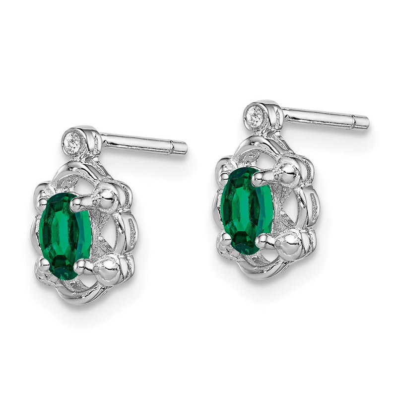 Sterling Silver Rhodium-Plated Created Emerald & Diam. Earrings